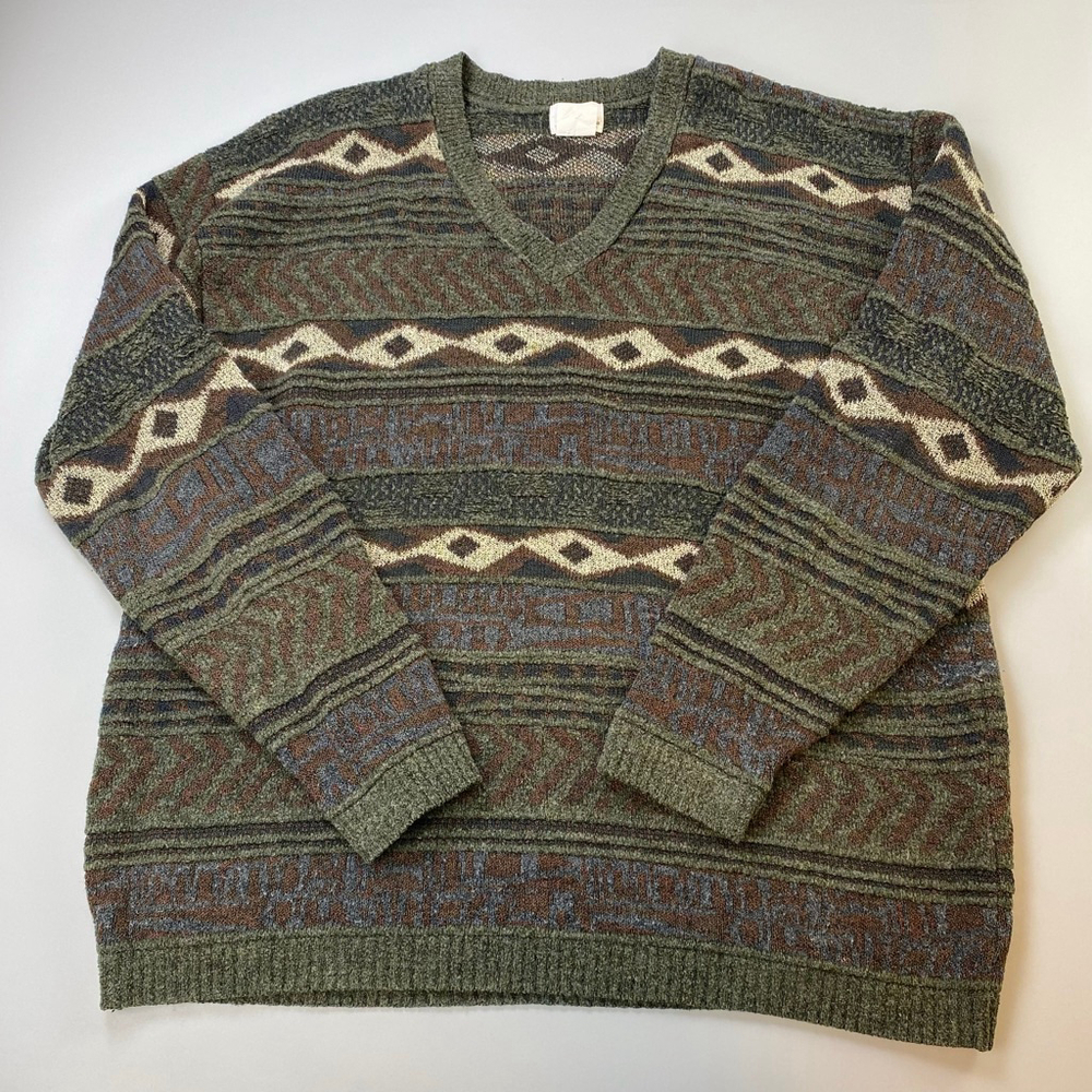 London Fog Sweater Mens 2XL TALL Vintage Wool Grandpacore 80s 3D Knit Multi